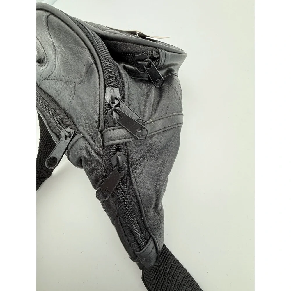 1990s Maxam Genuine Lambskin Leather Fanny Pack Black Multi Pocket Waist Bag NWT - Picture 8 of 14